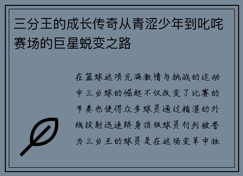 三分王的成长传奇从青涩少年到叱咤赛场的巨星蜕变之路 三分王的成长传奇从青涩少年到叱咤赛场的巨星蜕变之路